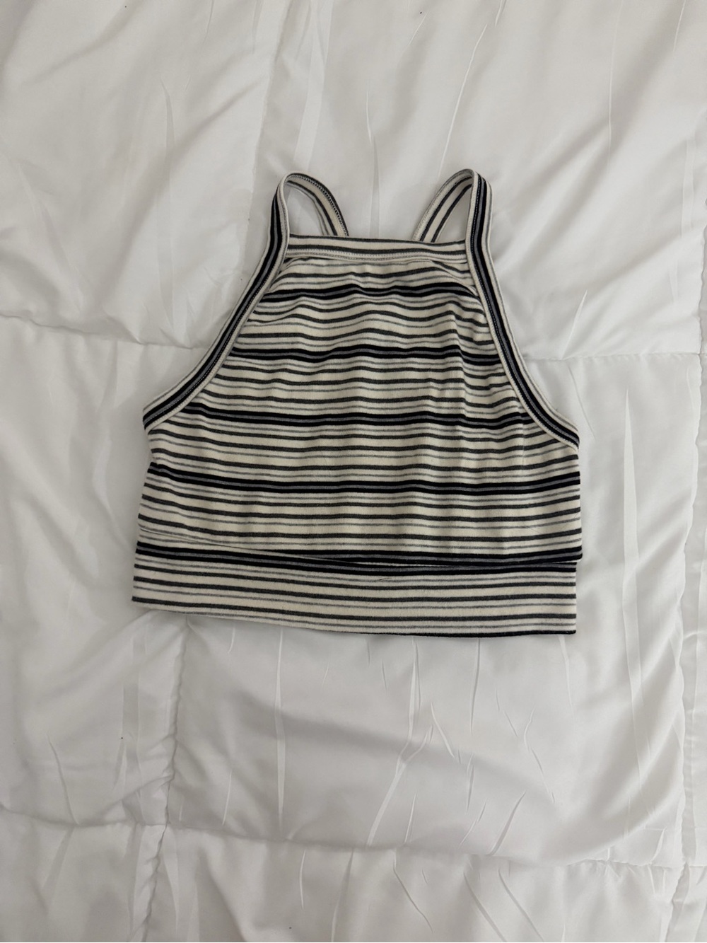 Striped Ribbed Halter Crop Top in Black and Cream